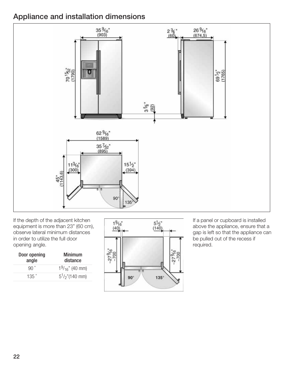 Appliance and installation dimensions | Bosch B20CS5 User Manual | Page 21 / 77