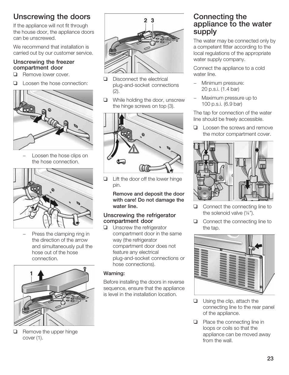 Unscrewing the doors, Connecting the appliance to the water supply | Bosch B20CS5 User Manual | Page 22 / 77