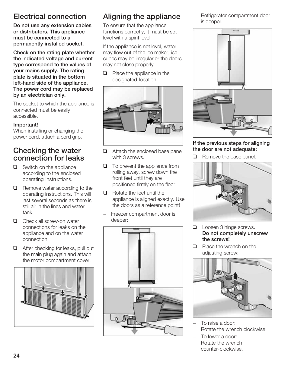 Electrical connection, Checking the water connection for leaks, Aligning the appliance | Bosch B20CS5 User Manual | Page 23 / 77