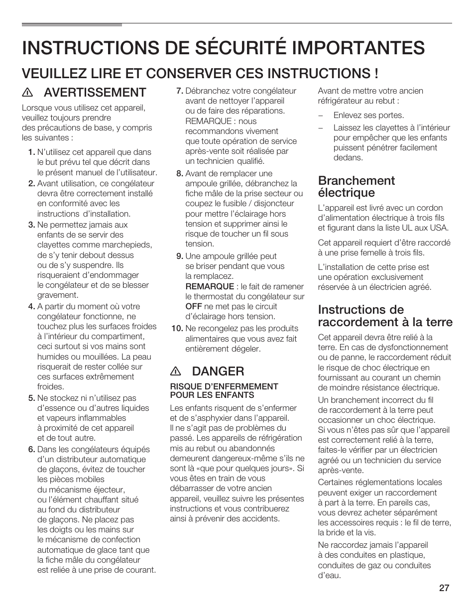 Instructions de sécurité importantes, Veuillez lire et conserver ces instructions, E avertissement | E danger, Branchement électrique, Instructions de raccordement à la terre | Bosch B20CS5 User Manual | Page 26 / 77