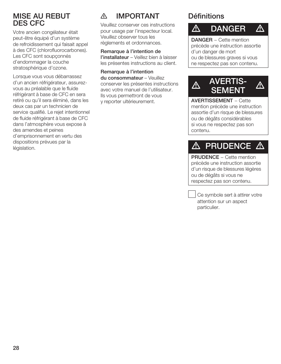 Danger, Avertisć sement, Prudence | Mise au rebut des cfc, E important, Définitions | Bosch B20CS5 User Manual | Page 27 / 77
