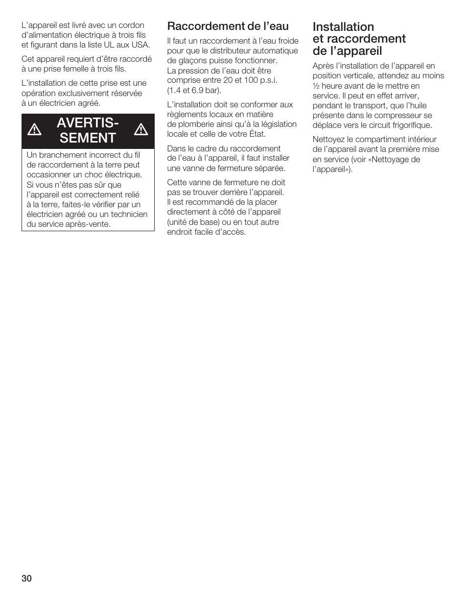 Avertisć sement, Installation et raccordement de l'appareil, Raccordement de l'eau | Bosch B20CS5 User Manual | Page 29 / 77