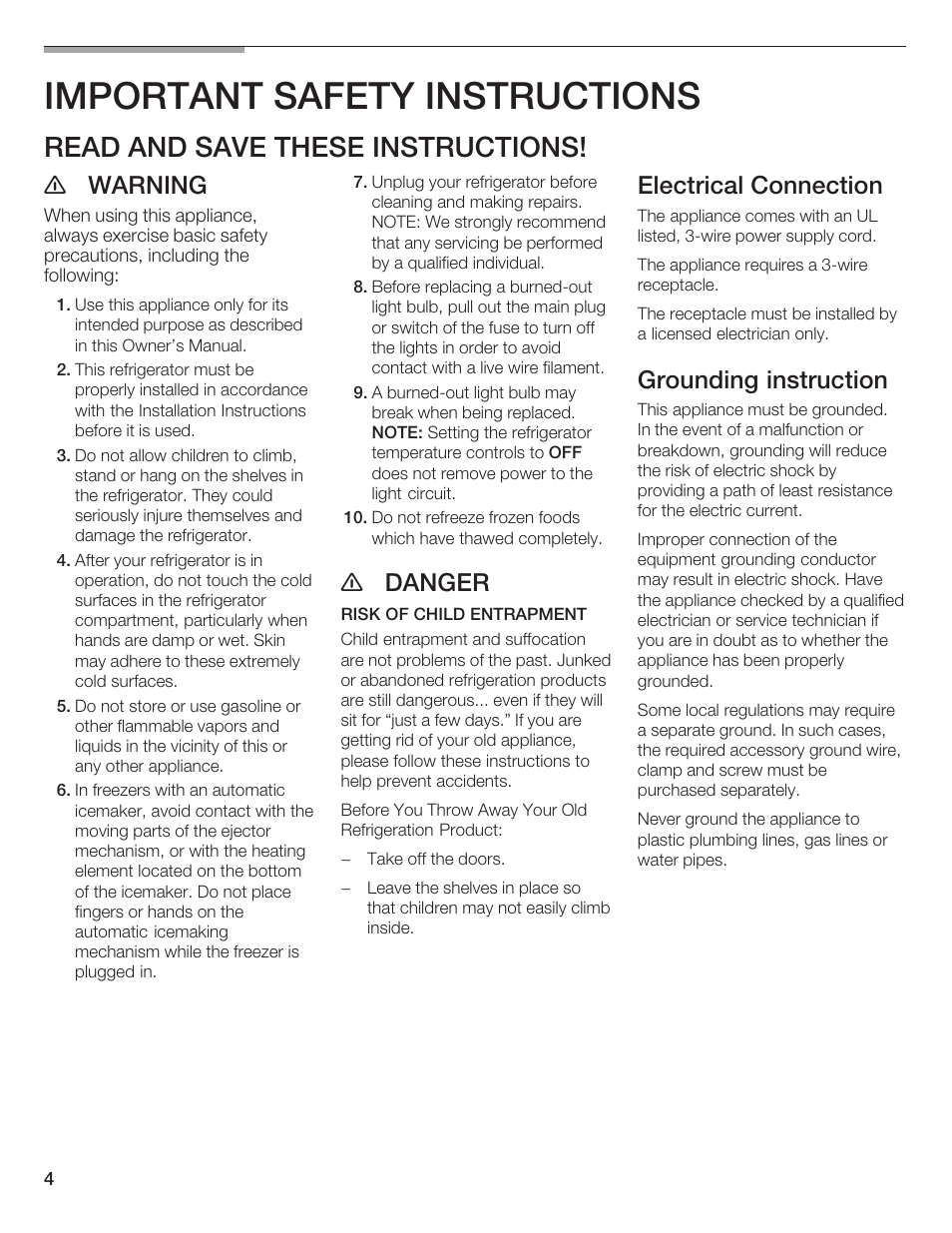 Important safety instructions, Read and save these instructions, E warning | E danger, Electrical connection, Grounding instruction | Bosch B20CS5 User Manual | Page 3 / 77