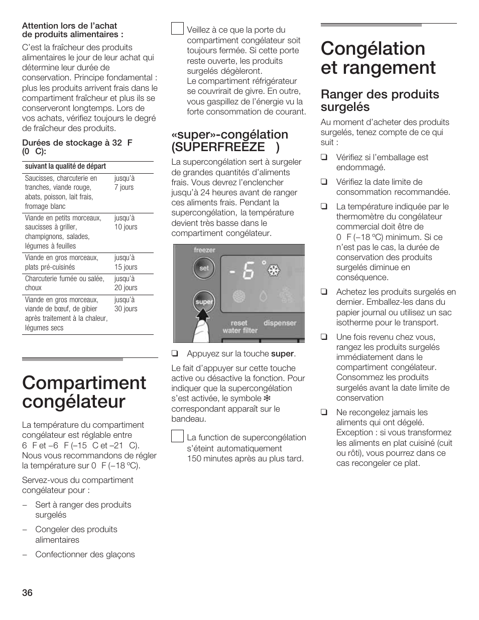 Compartiment congélateur, Congélation et rangement, Super»ćcongélation (superfreeze ) | Ranger des produits surgelés | Bosch B20CS5 User Manual | Page 35 / 77