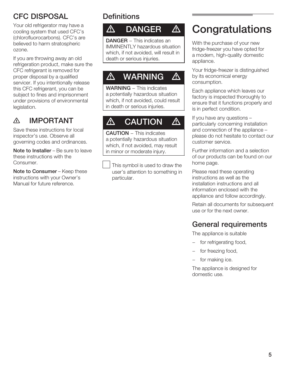 Danger, Warning, Caution | Cfc disposal, E important, Definitions, General requirements | Bosch B20CS5 User Manual | Page 4 / 77