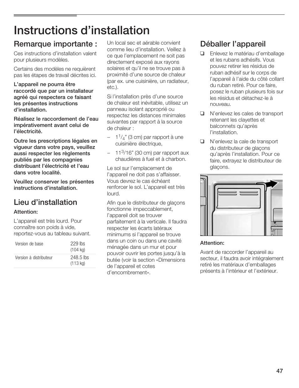 Instructions d'installation, Remarque importante, Lieu d'installation | Déballer l'appareil | Bosch B20CS5 User Manual | Page 46 / 77