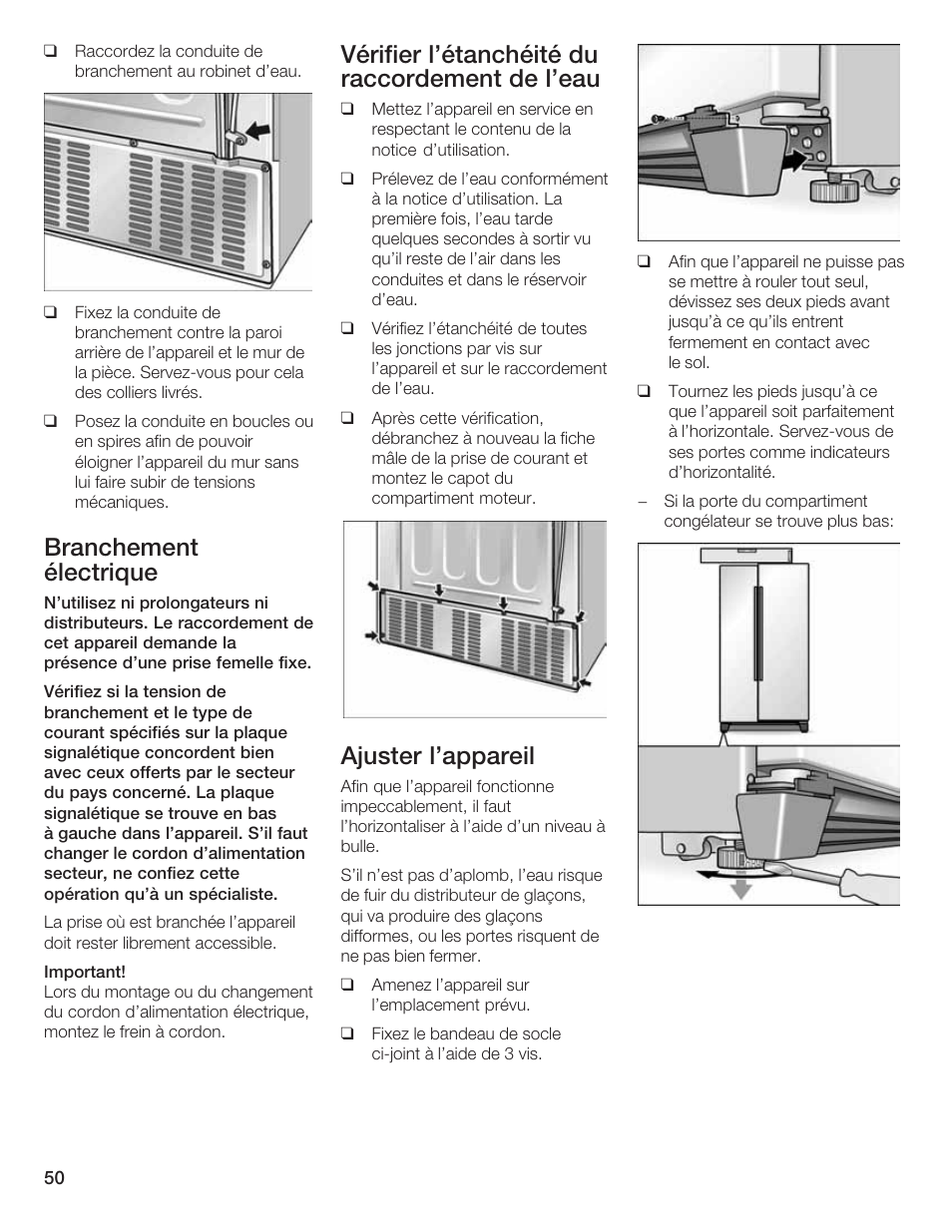 Branchement électrique, Vérifier l'étanchéité du raccordement de l'eau, Ajuster l'appareil | Bosch B20CS5 User Manual | Page 49 / 77