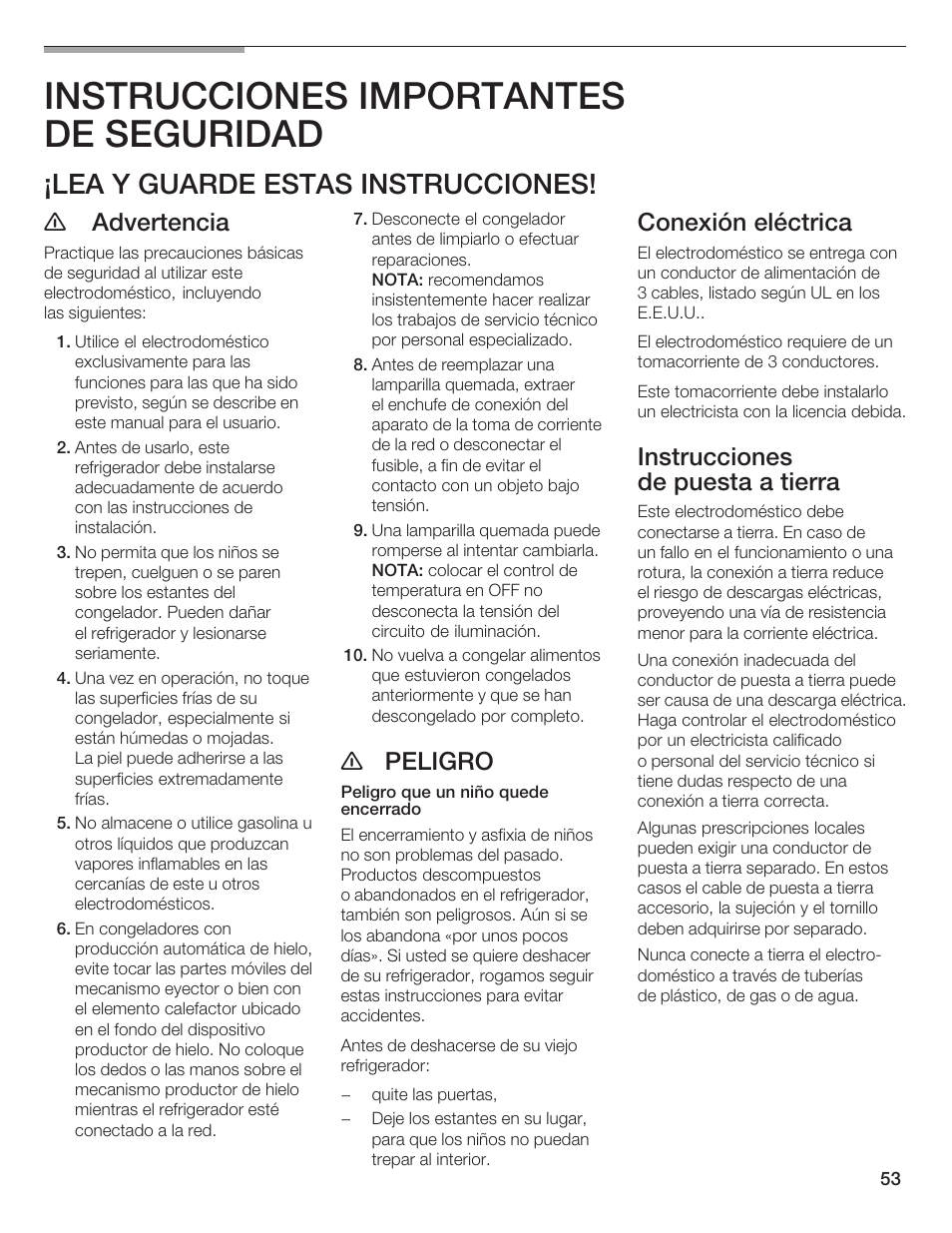 Instrucciones importantes de seguridad, Lea y guarde estas instrucciones, Advertencia | E peligro, Conexión eléctrica, Instrucciones de puesta a tierra | Bosch B20CS5 User Manual | Page 52 / 77