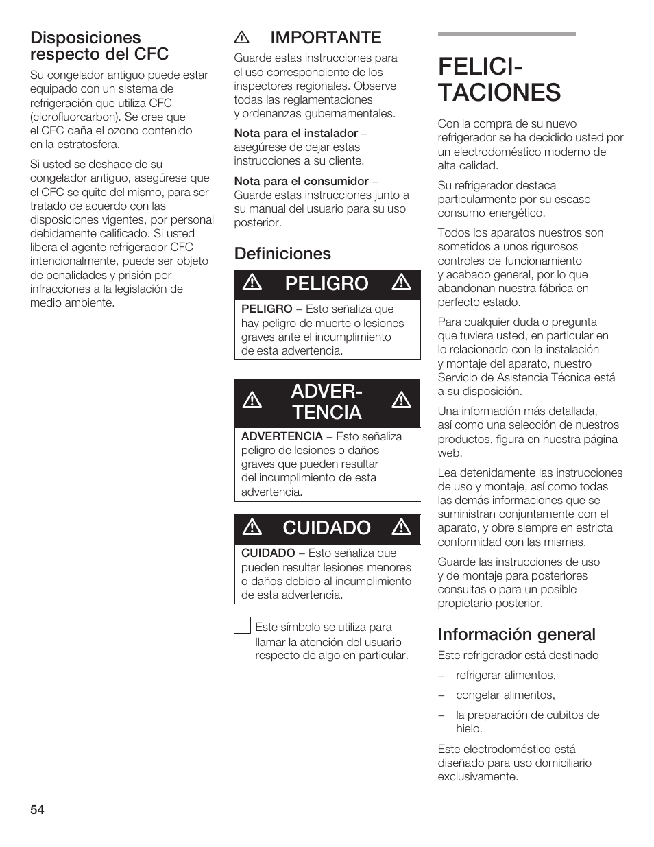 Felicić taciones, Peligro, Adverć tencia | Cuidado, Disposiciones respecto del cfc, E importante, Definiciones, Información general | Bosch B20CS5 User Manual | Page 53 / 77