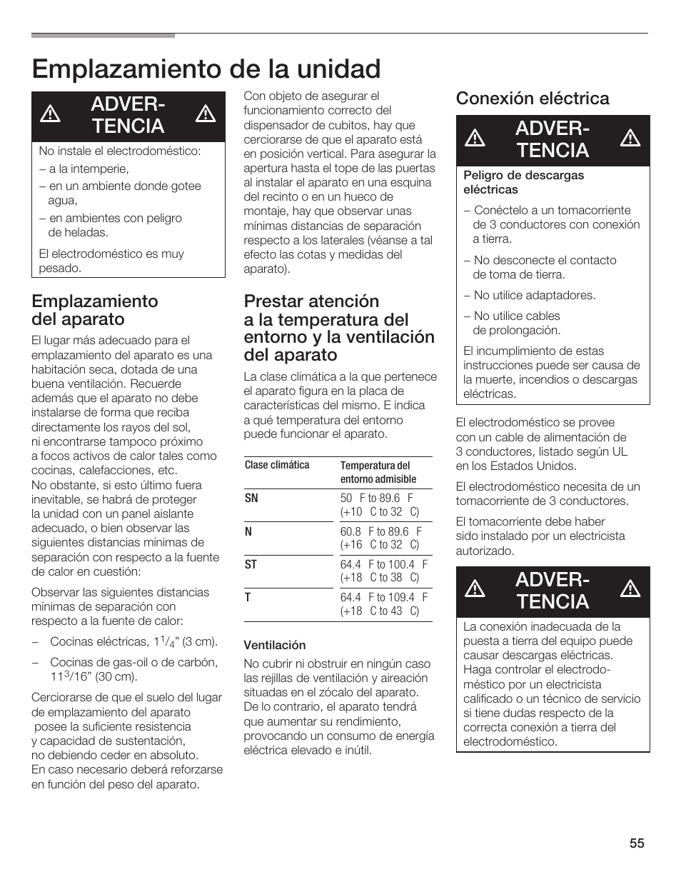 Emplazamiento de la unidad, Adverć tencia, Emplazamiento del aparato | Conexión eléctrica | Bosch B20CS5 User Manual | Page 54 / 77