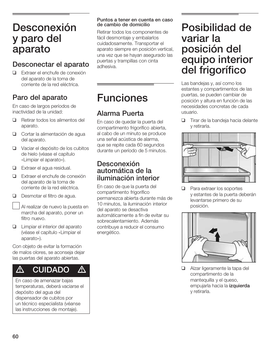 Desconexión y paro del aparato, Funciones, Cuidado | Desconectar el aparato, Paro del aparato, Alarma puerta, Desconexión automática de la iluminación interior | Bosch B20CS5 User Manual | Page 59 / 77