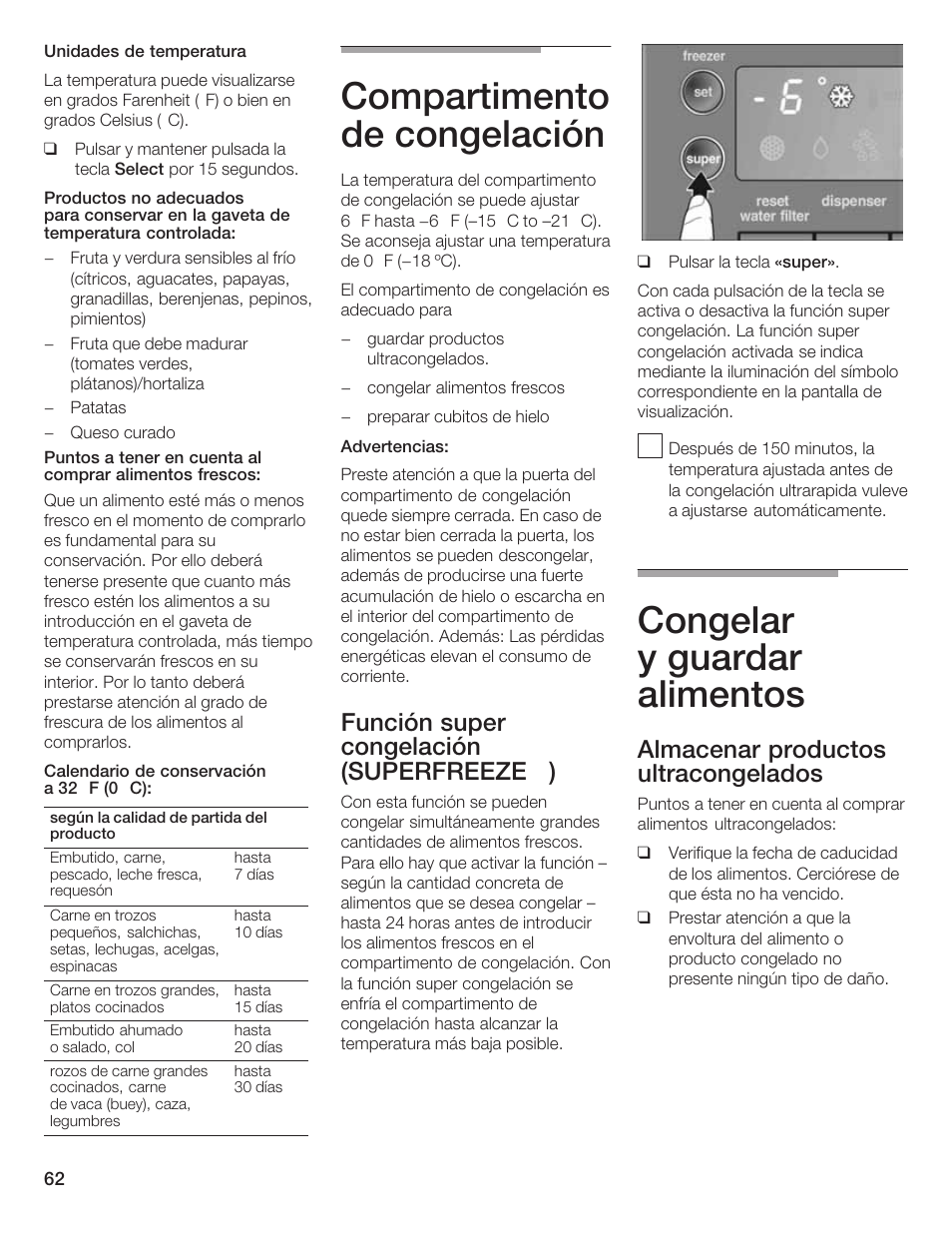 Compartimento de congelación, Congelar y guardar alimentos, Función super congelación (superfreeze ) | Almacenar productos ultracongelados | Bosch B20CS5 User Manual | Page 61 / 77