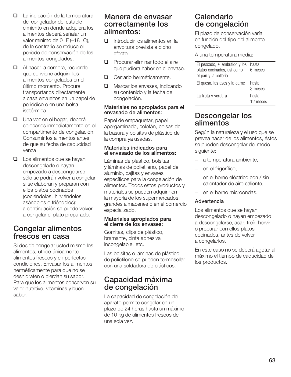 Congelar alimentos frescos en casa, Manera de envasar correctamente los alimentos, Capacidad máxima de congelación | Calendario de congelación, Descongelar los alimentos | Bosch B20CS5 User Manual | Page 62 / 77