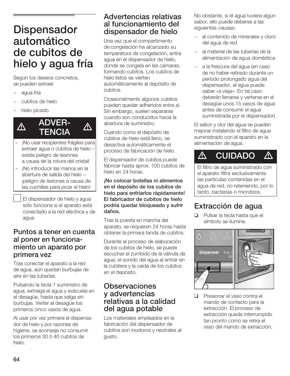 Adverć tencia, Cuidado, Extracción de agua | Bosch B20CS5 User Manual | Page 63 / 77