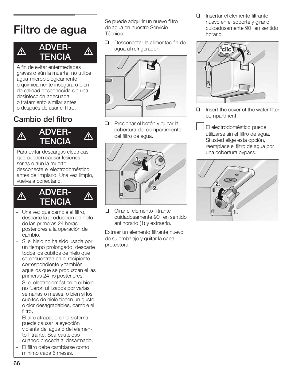 Filtro de agua, Adverć tencia, Cambio del filtro | Bosch B20CS5 User Manual | Page 65 / 77