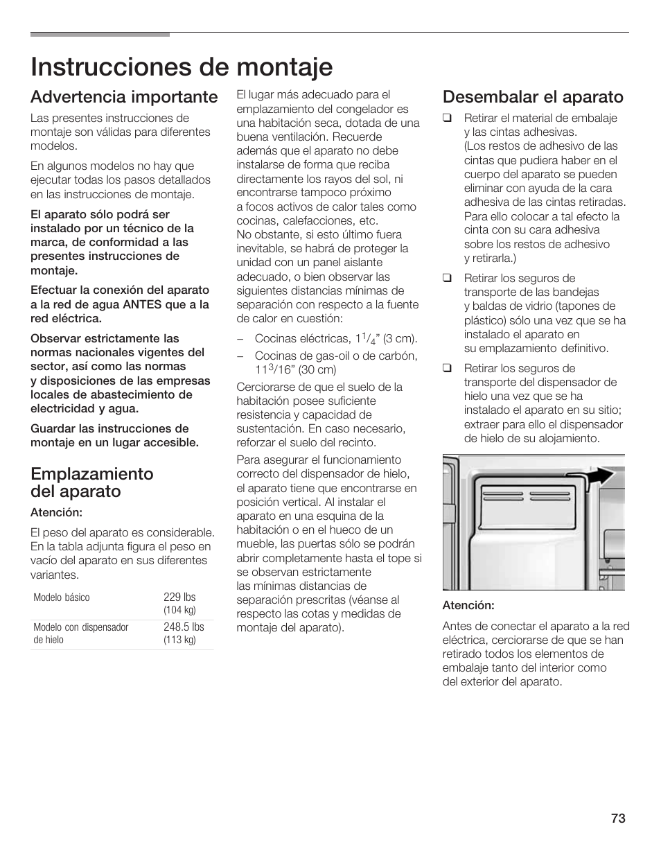 Instrucciones de montaje, Advertencia importante, Emplazamiento del aparato | Desembalar el aparato | Bosch B20CS5 User Manual | Page 72 / 77