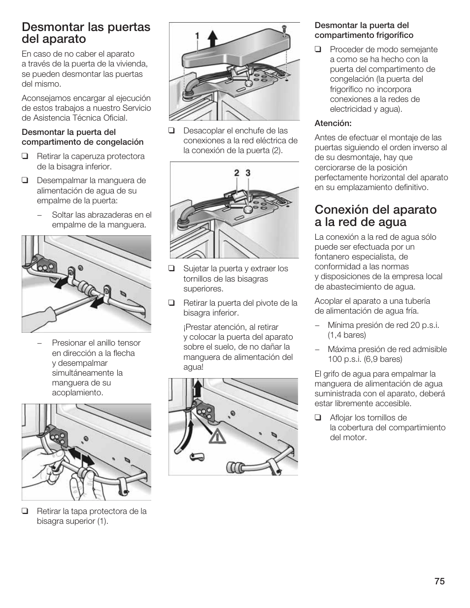 Desmontar las puertas del aparato, Conexión del aparato a la red de agua | Bosch B20CS5 User Manual | Page 74 / 77