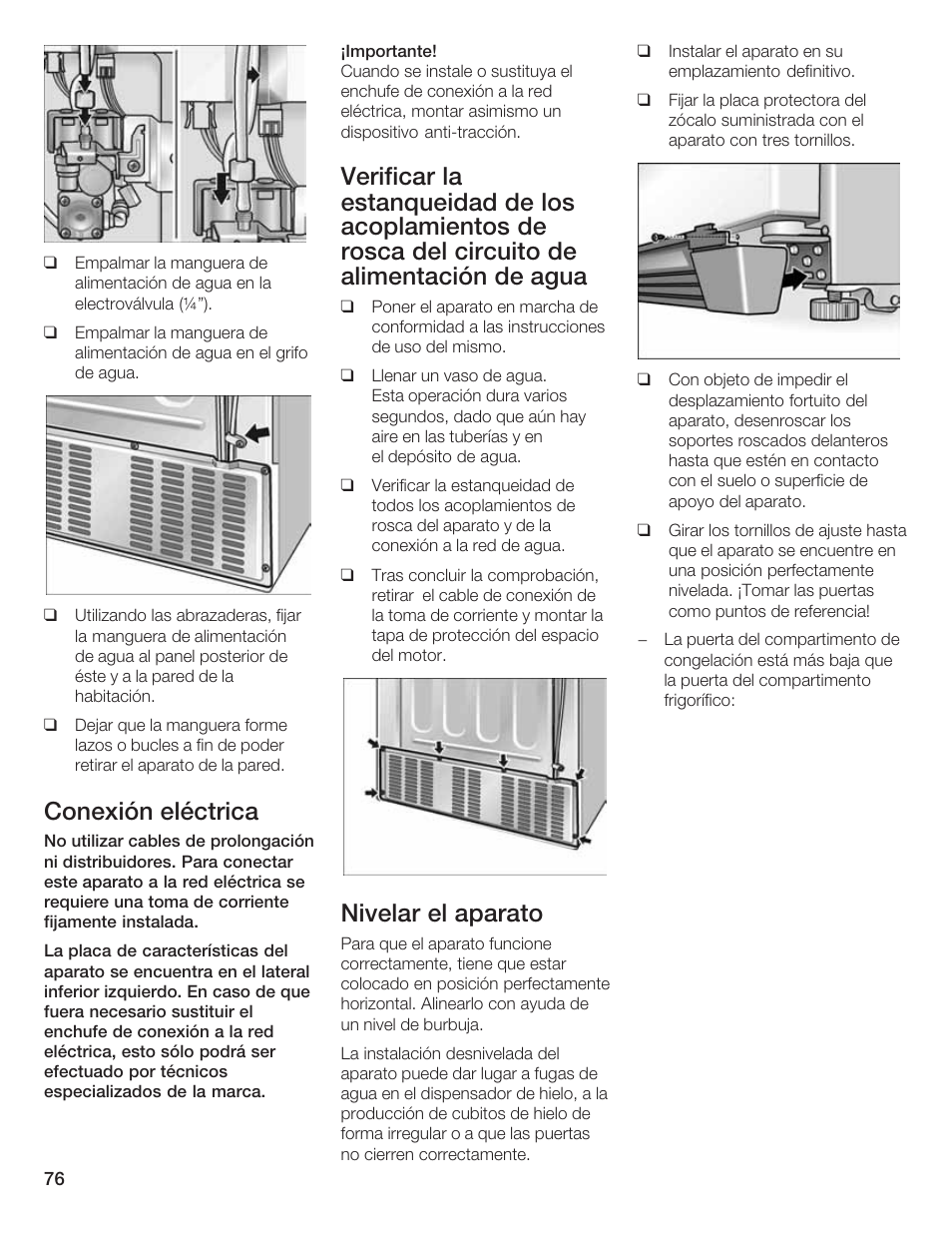 Conexión eléctrica, Nivelar el aparato | Bosch B20CS5 User Manual | Page 75 / 77