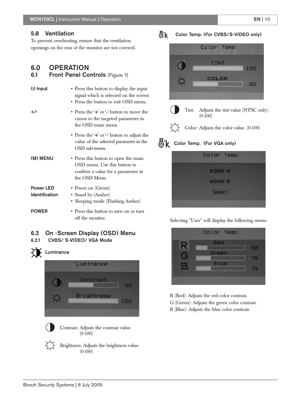 0 operation | Bosch MON170CL User Manual | Page 10 / 16