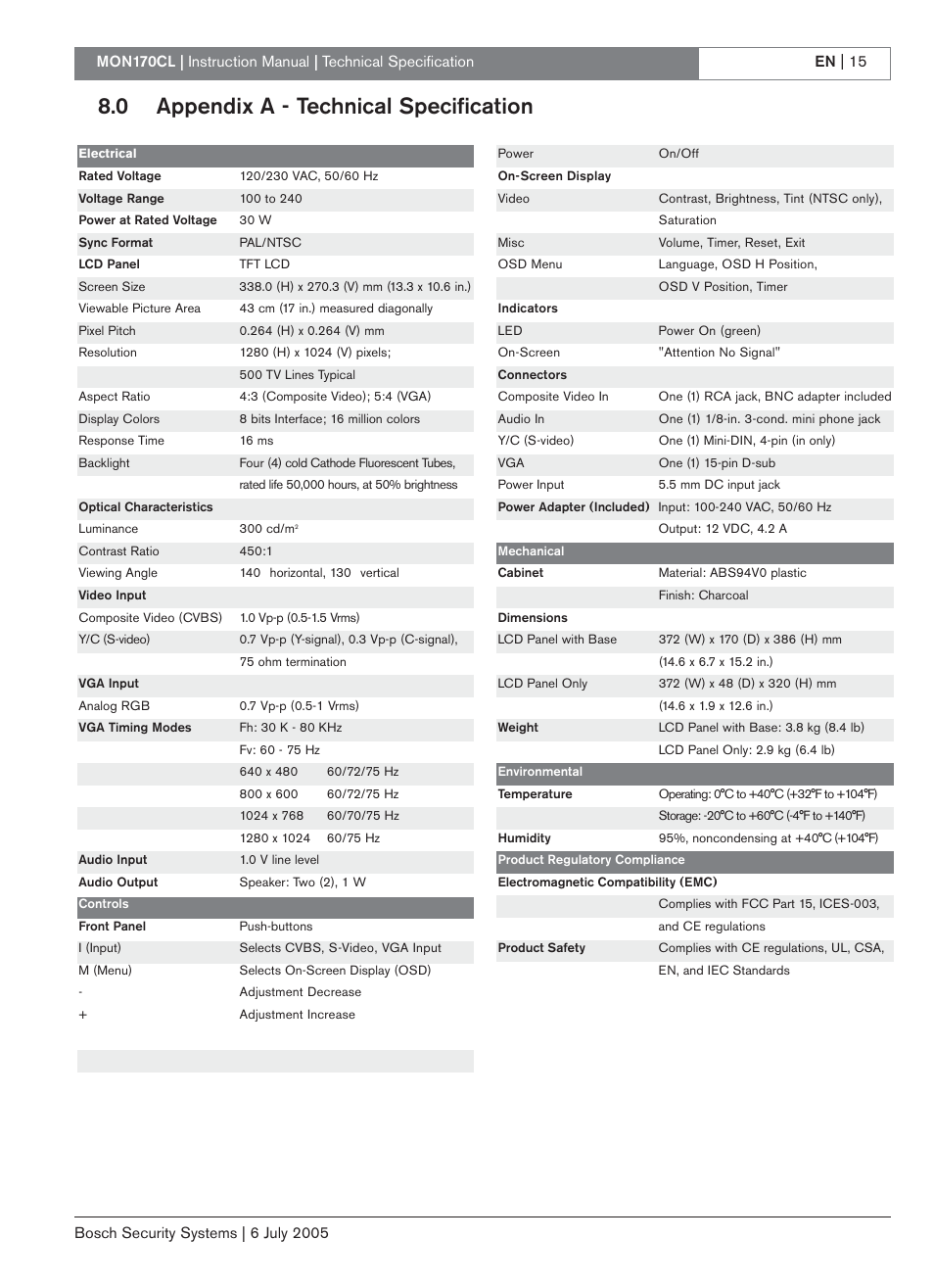 0 appendix a - technical specification | Bosch MON170CL User Manual | Page 15 / 16