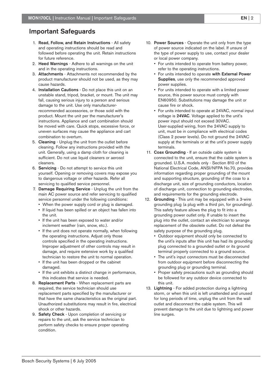 Important safeguards | Bosch MON170CL User Manual | Page 2 / 16