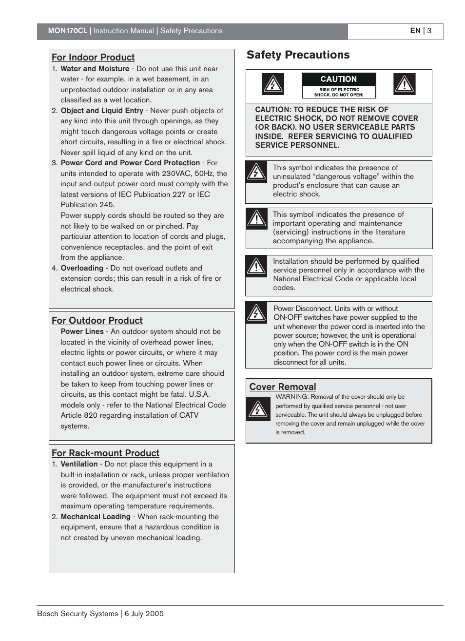 Safety precautions | Bosch MON170CL User Manual | Page 3 / 16