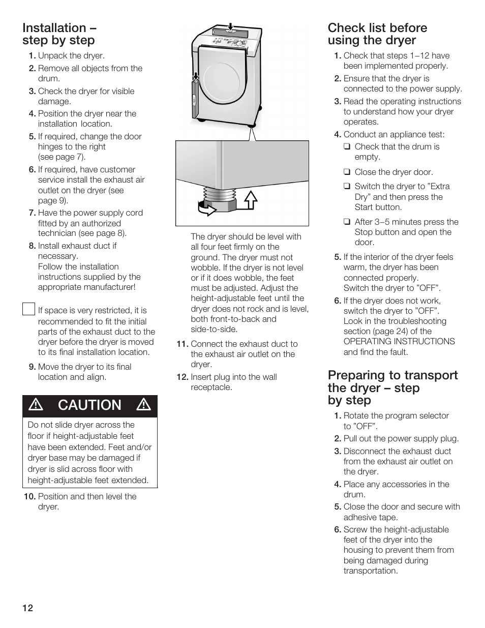 Caution, Installation ć step by step, Check list before using the dryer | Preparing to transport the dryer ć step by step | Bosch BOSCH Dryer User Manual | Page 12 / 86