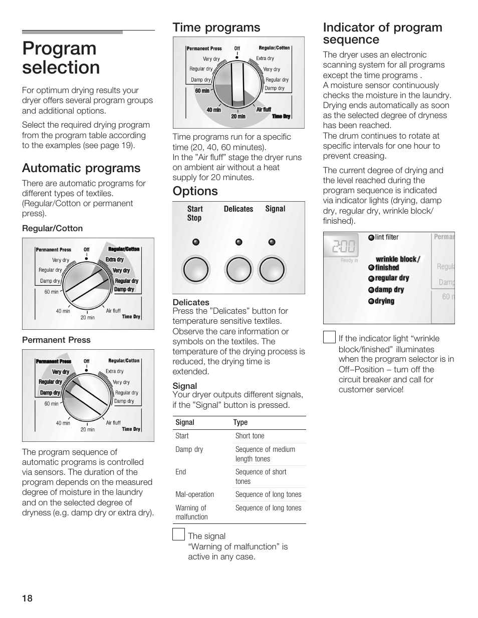 Program selection, Automatic programs, Time programs | Options, Indicator of program sequence | Bosch BOSCH Dryer User Manual | Page 18 / 86