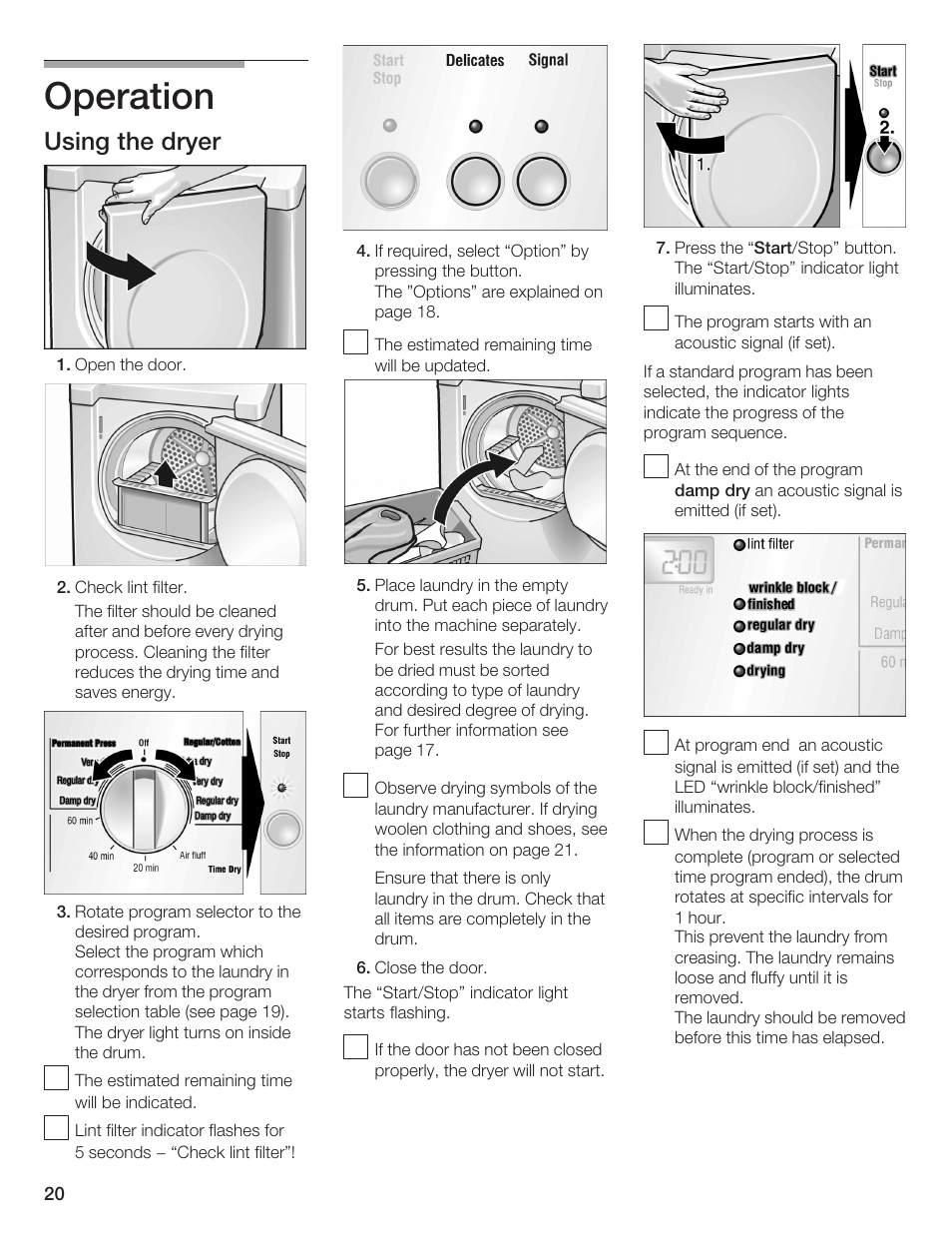 Operation, Using the dryer | Bosch BOSCH Dryer User Manual | Page 20 / 86