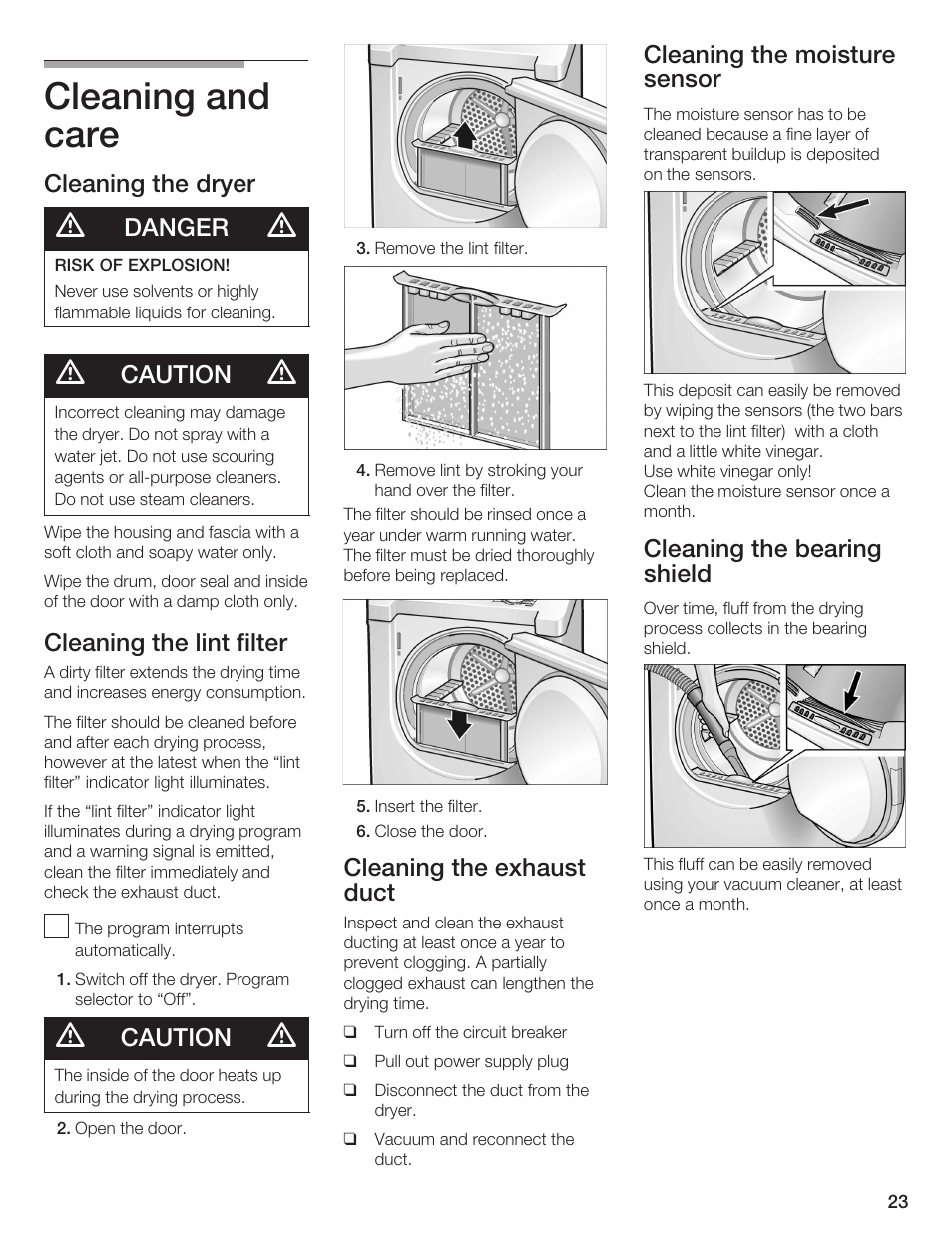 Cleaning and care, Cleaning the dryer, Danger | Caution, Cleaning the lint filter, Cleaning the exhaust duct, Cleaning the moisture sensor, Cleaning the bearing shield | Bosch BOSCH Dryer User Manual | Page 23 / 86