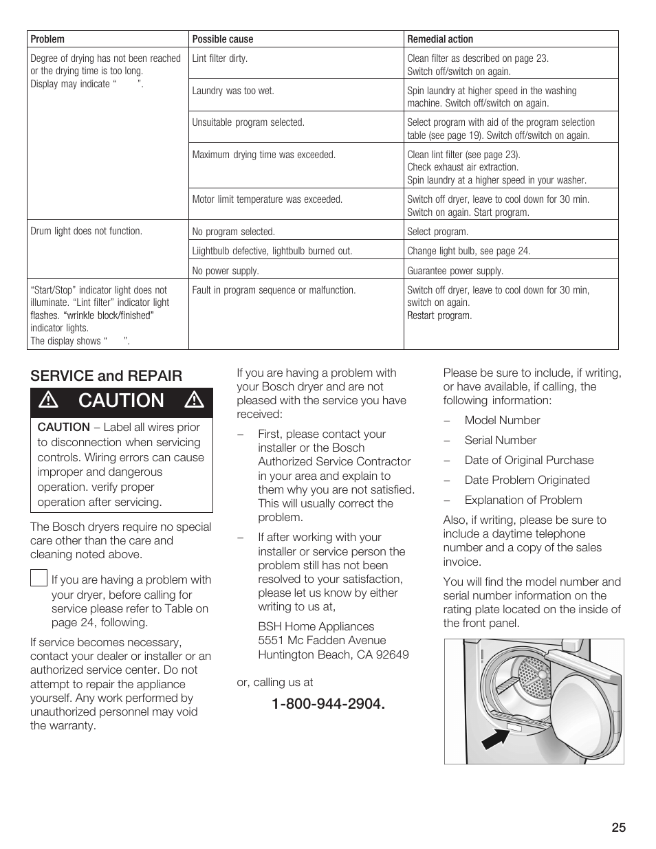 Caution, Service and repair | Bosch BOSCH Dryer User Manual | Page 27 / 86