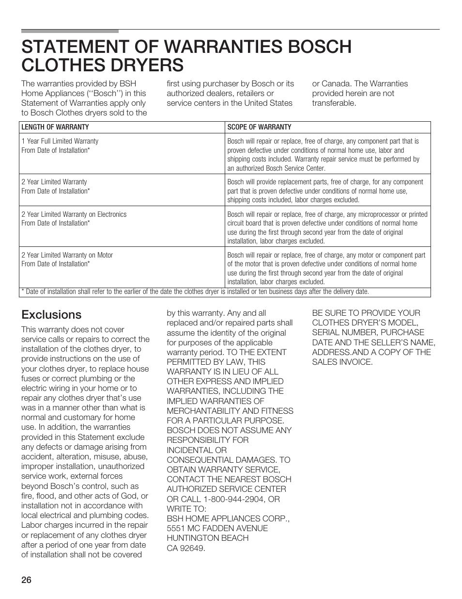 Statement of warranties bosch clothes dryers, Exclusions | Bosch BOSCH Dryer User Manual | Page 28 / 86