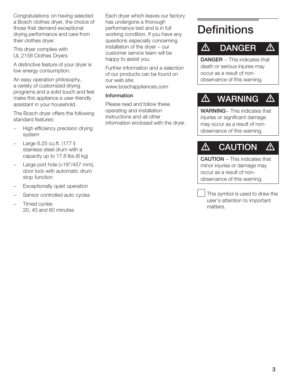 Definitions, Danger, Warning | Caution | Bosch BOSCH Dryer User Manual | Page 3 / 86