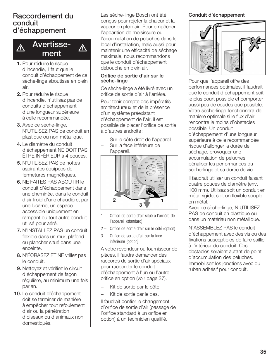 Avertisseć ment, Raccordement du conduit d'échappement | Bosch BOSCH Dryer User Manual | Page 37 / 86