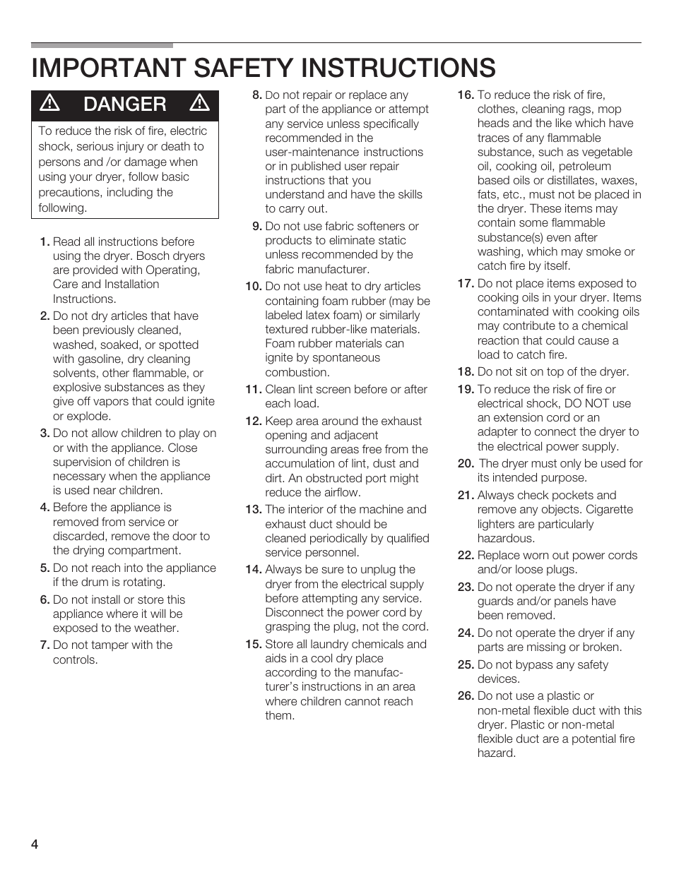 Important safety instructions, Danger | Bosch BOSCH Dryer User Manual | Page 4 / 86