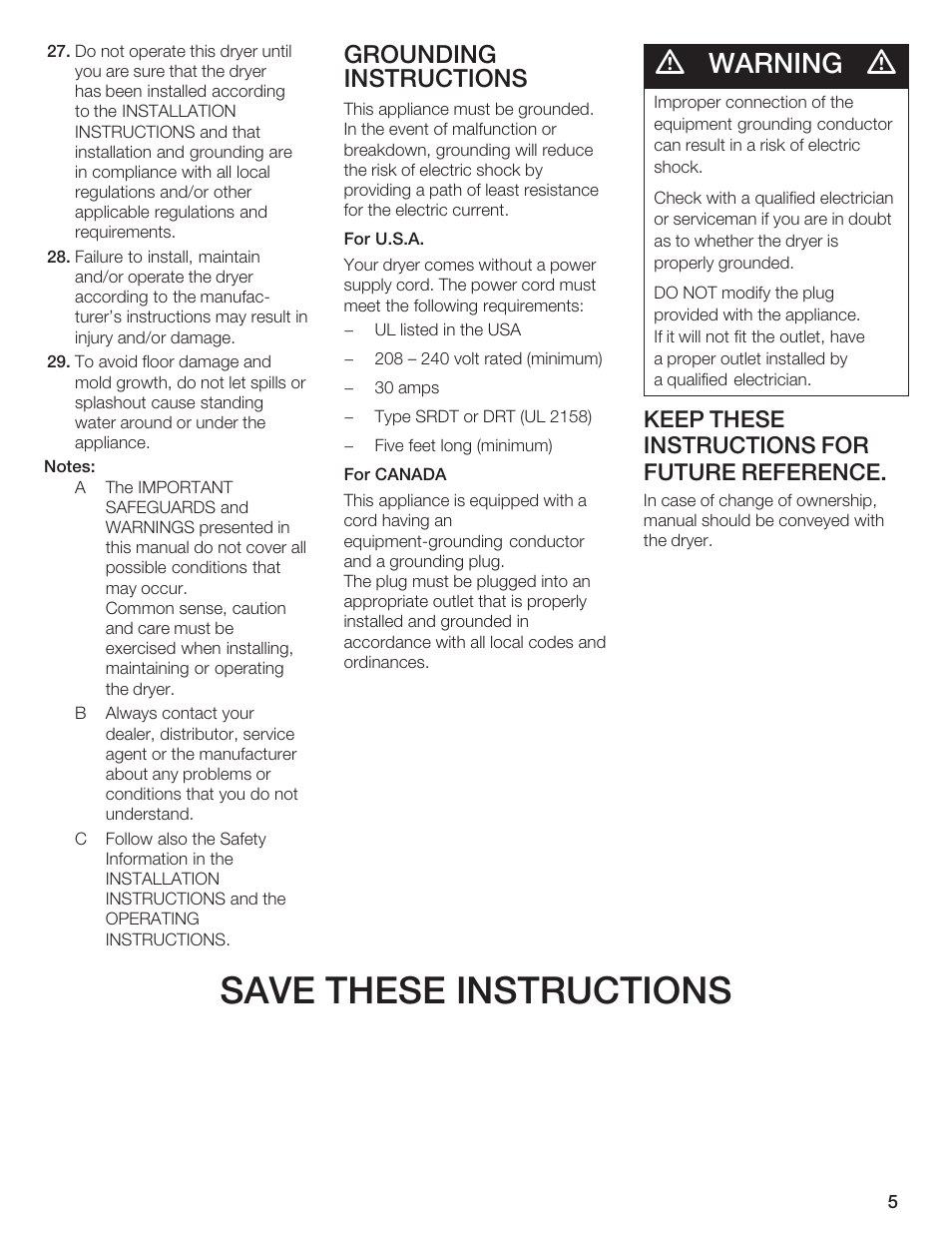 Save these instructions, Warning, Grounding instructions | Keep these instructions for future reference | Bosch BOSCH Dryer User Manual | Page 5 / 86