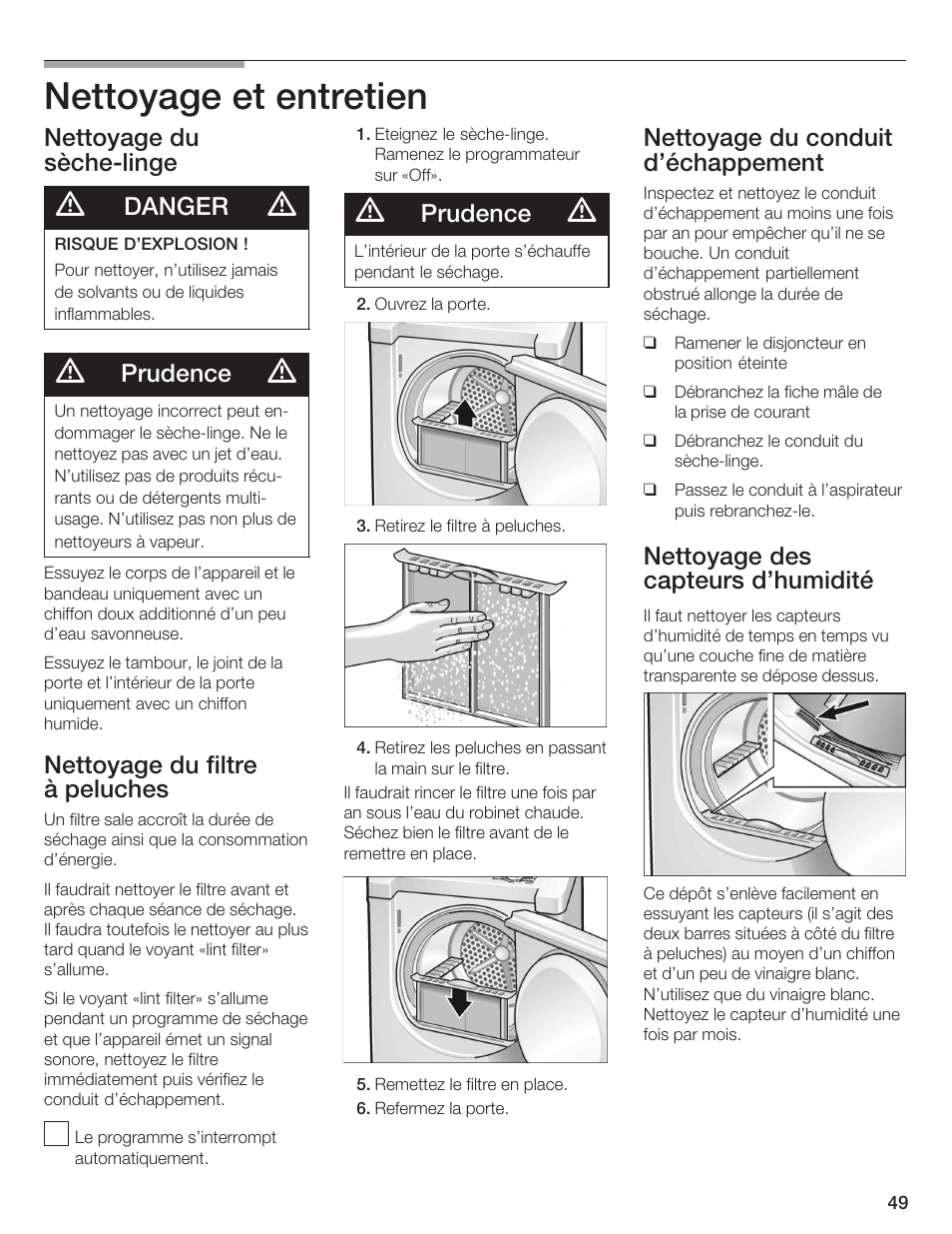 Nettoyage et entretien, Nettoyage du sèchećlinge, Danger | Prudence, Nettoyage du filtre à peluches, Nettoyage du conduit d'échappement, Nettoyage des capteurs d'humidité | Bosch BOSCH Dryer User Manual | Page 51 / 86