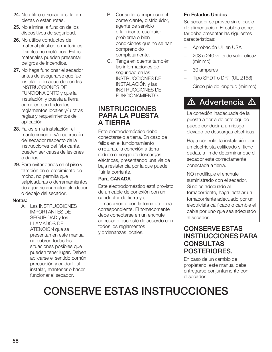 Conserve estas instrucciones, Advertencia, Instrucciones para la puesta a tierra | Bosch BOSCH Dryer User Manual | Page 62 / 86