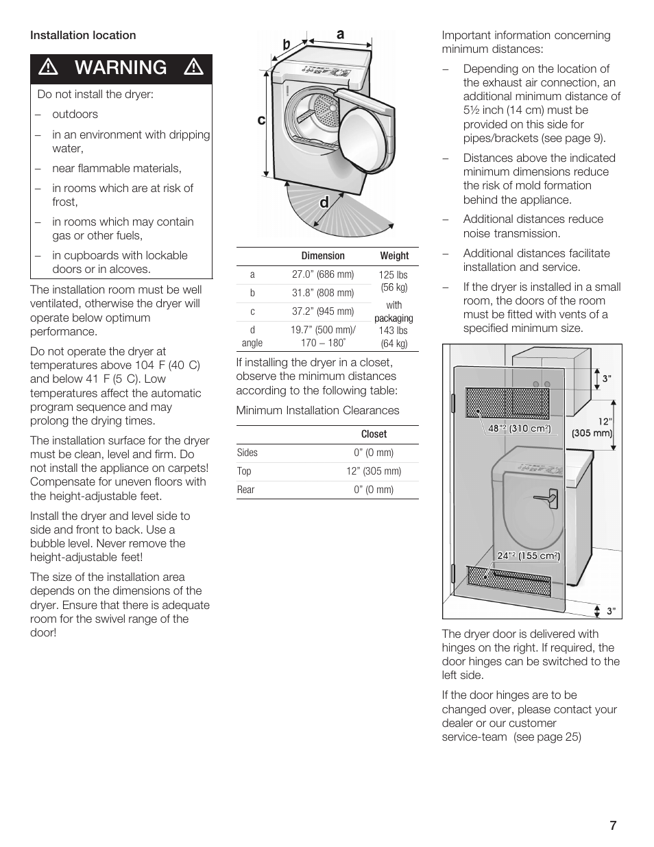 Warning | Bosch BOSCH Dryer User Manual | Page 7 / 86
