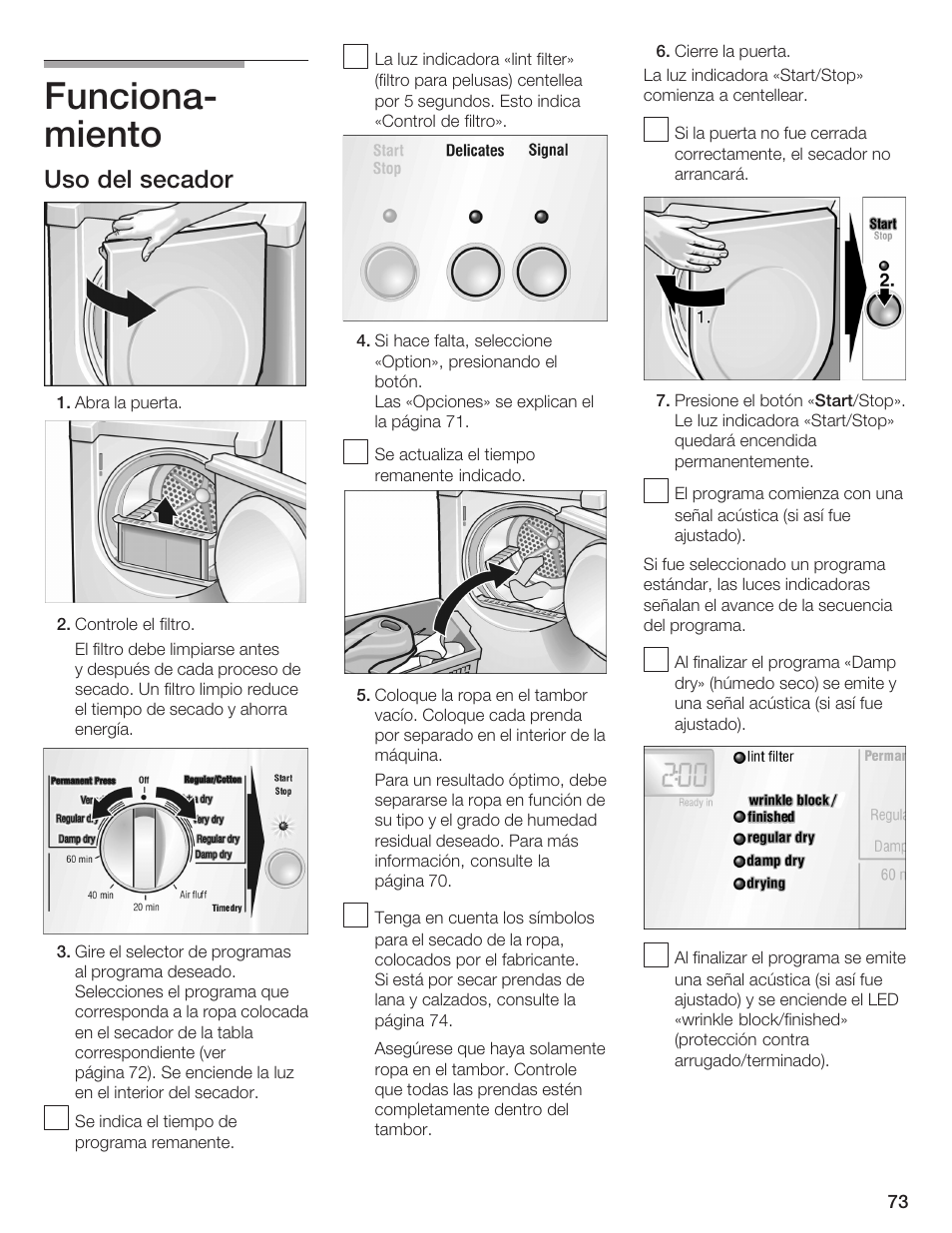 Funcionać miento, Uso del secador | Bosch BOSCH Dryer User Manual | Page 77 / 86