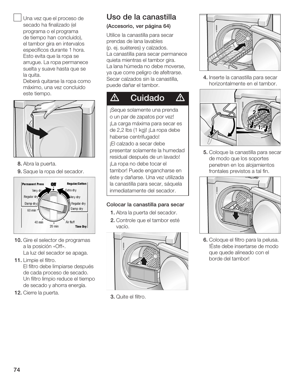 Cuidado, Uso de la canastilla | Bosch BOSCH Dryer User Manual | Page 78 / 86