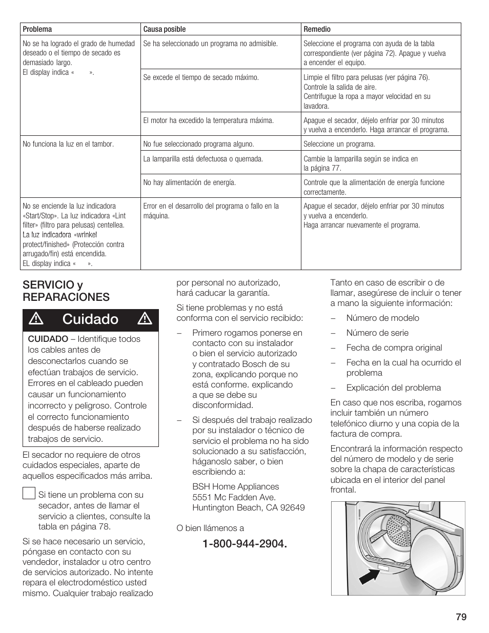 Cuidado, Servicio y reparaciones | Bosch BOSCH Dryer User Manual | Page 85 / 86