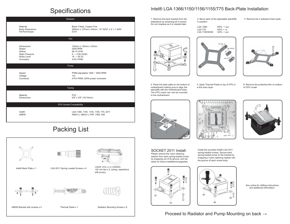 Specifications packing list, Proceed to radiator and pump mounting on back, Socket 2011 install | Cooler Master Glacer 240L User Manual | Page 2 / 2