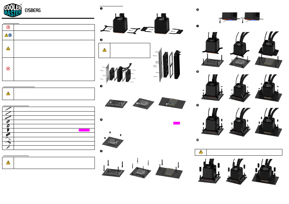 Safety advice, Specified normal operation, Mounting accessories | Removal of the cooler, Manual | Cooler Master Eisberg 240L Prestige User Manual | Page 2 / 4