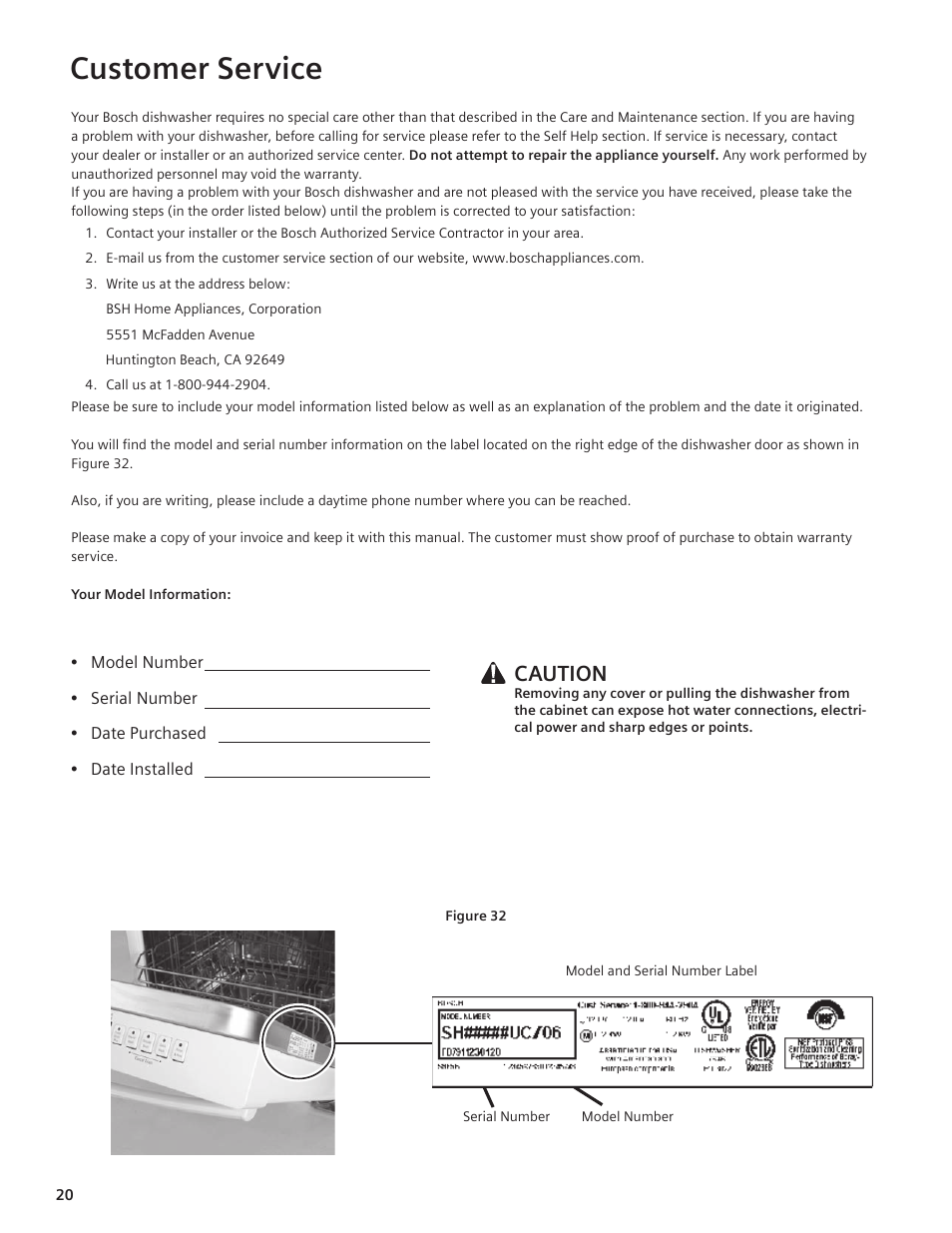 Customer service, Caution | Bosch SHE66C User Manual | Page 18 / 20