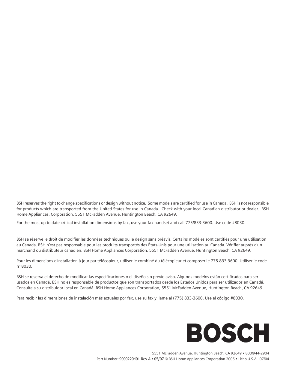 Bosch SHE66C User Manual | Page 20 / 20