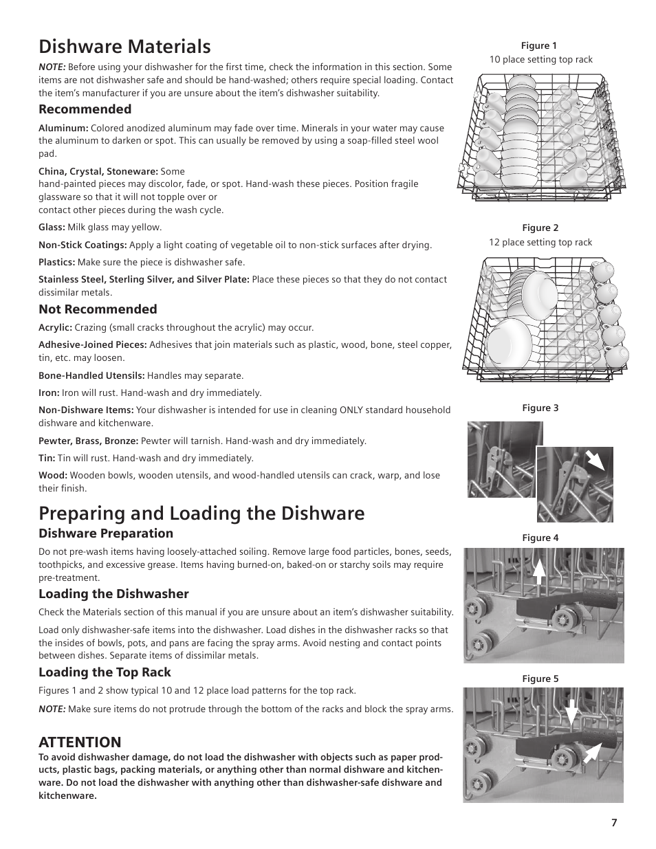 Dishware materials, Preparing and loading the dishware, Attention | Bosch SHE66C User Manual | Page 5 / 20