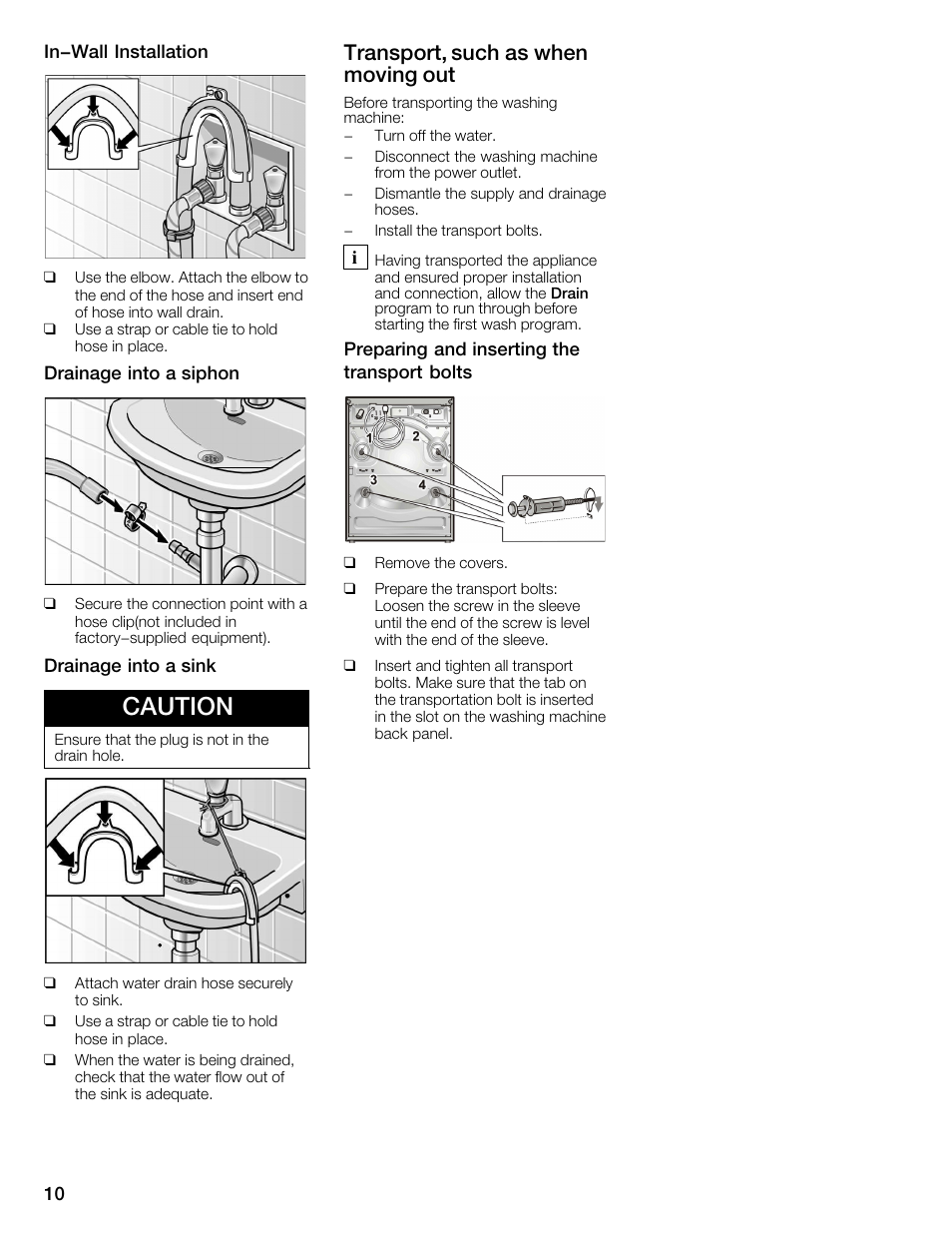 Caution, Transport, such as when moving out | Bosch WFMC4301UC User Manual | Page 10 / 80