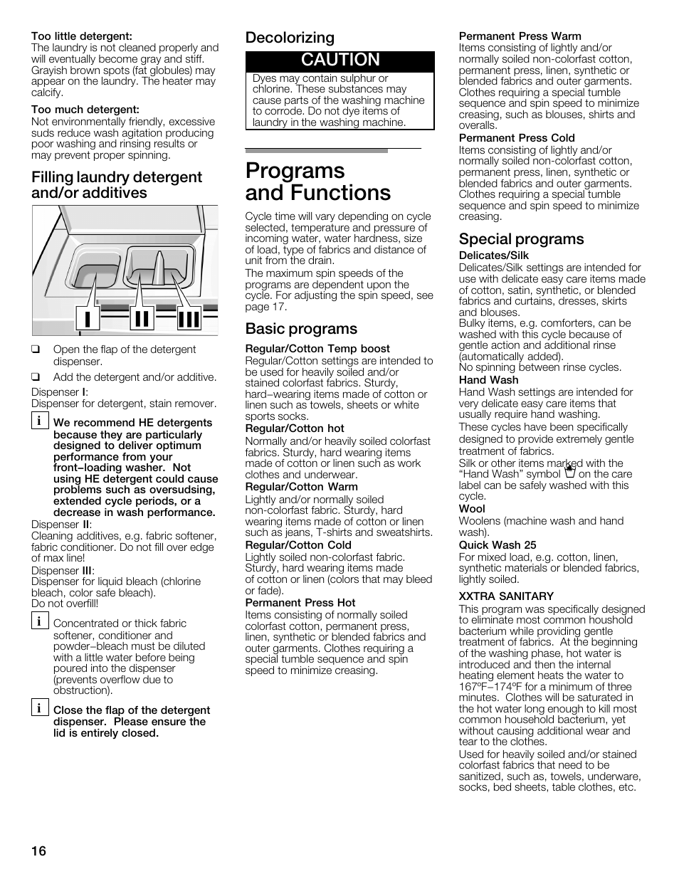 Programs and functions, Caution, Filling laundry detergent and/or additives | Decolorizing, Basic programs, Special programs | Bosch WFMC4301UC User Manual | Page 16 / 80