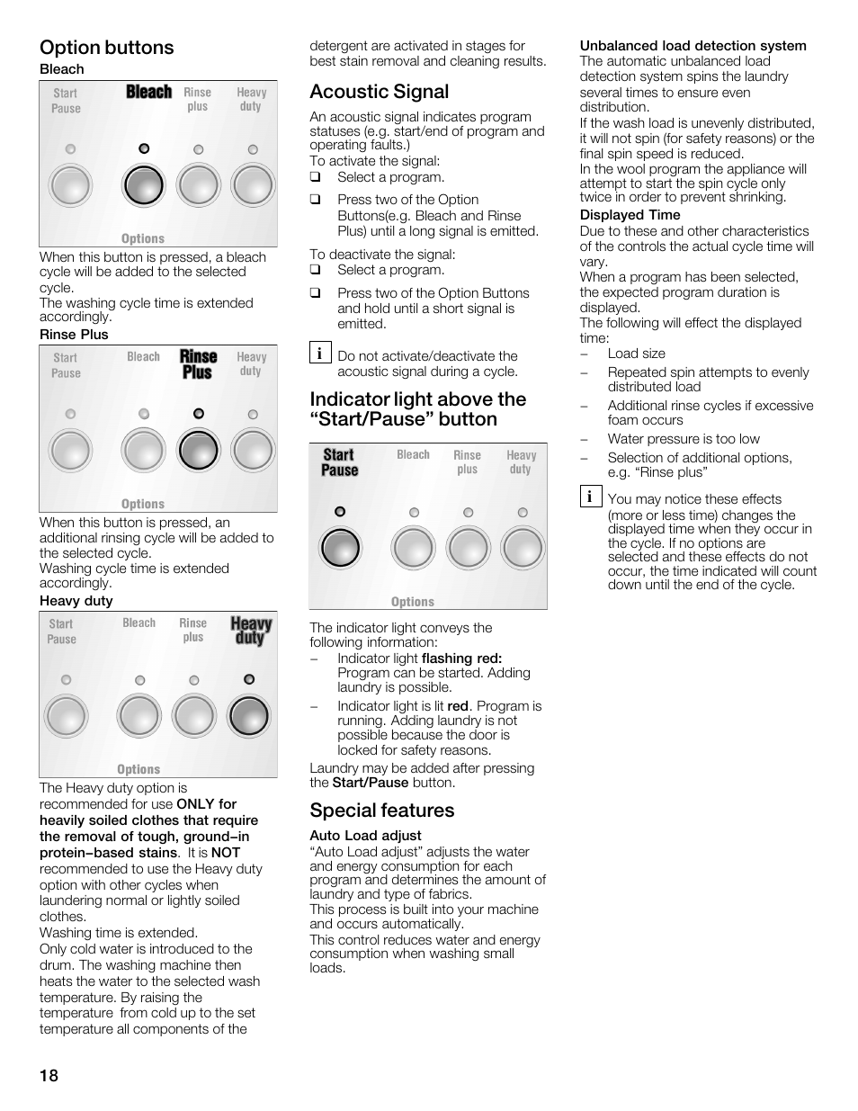 Option buttons, Acoustic signal, Indicator light above the start/pause" button | Special features | Bosch WFMC4301UC User Manual | Page 18 / 80